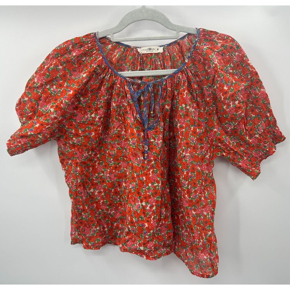 Natural Life April Top M Red Floral Peasant Blouse Boho Cottagecore Flutter